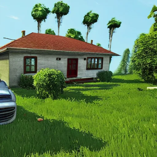 Prompt: A photo of a beautiful cottage, with a lush grass lawn, featuring a tree in the style of GTA V, gameplay footage