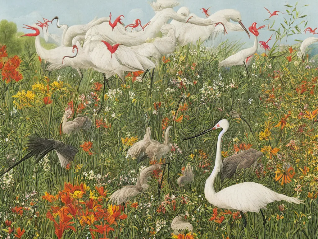 Image similar to Crane birds disturbing a unicorn from its sleep in a wild flower field. Colorful painting by Audubon