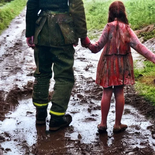 Prompt: little girl holding the hand of a ww 2 soldier as they walk down a muddy road in the french countryside past a destroyed tank on fire, unreal 5, vivid colors