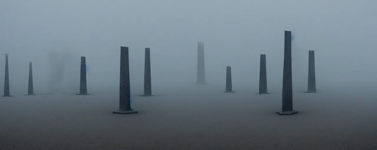 Prompt: huge concrete tetrapods stay on sand sea coast, on the low fog, film still from the movie directed by denis villeneuve with art direction by zdzisław beksinski, parts by denis villeneuve close up, shallow depth of field