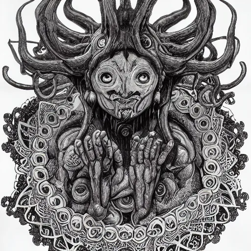 Image similar to 4K headshot of godlike Shub-Niggurath with defined arms and open hands and bloody clothes with giant mandala wings , intricate face , flawless anime cel animation by Kentaro Miura, psychedelic , highly detailed upper body , professionally post-processed , beautiful, scary, symmetry accurate features, epic, octane rendered, anime masterpiece, accurate