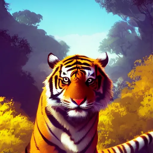 Image similar to portrait of an antropomorphic bengal tiger, mattepainting concept blizzard pixar maya engine on stylized background splash comics global illumination lighting artstation, sharp focus, lois van baarle, ilya kuvshinov, rossdraws