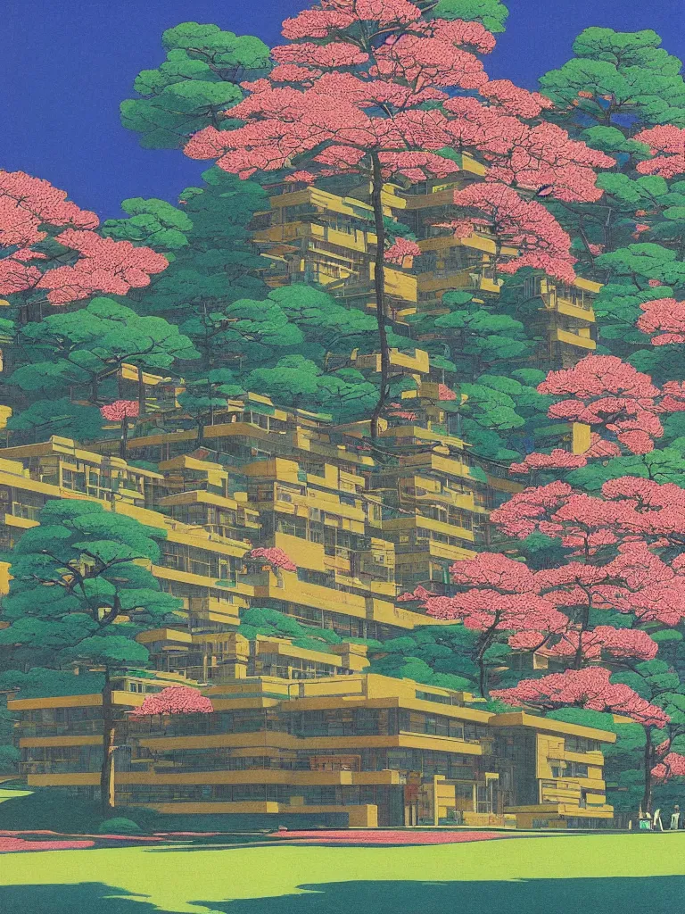 Image similar to a psychedelic hallucination of a brutalist hotel in the springtime blossom mountains, by kawase hasui, moebius, edward hopper, colorful flat surreal design, dramatic lighting, hd, 8 k, artstation