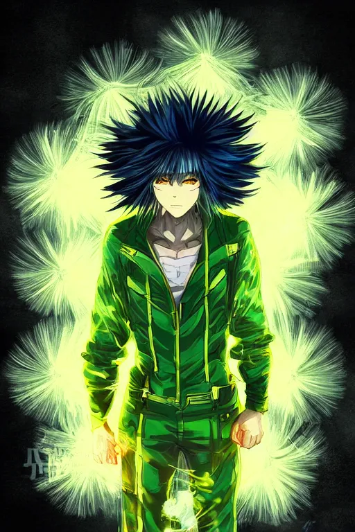 Image similar to nuke cloud dandelion male anime character, symmetrical, highly detailed, digital art, sharp focus, trending on art station, green eyes, glowing radioactive colours