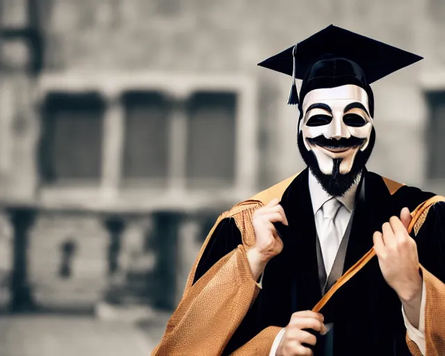 Image similar to man wearing guy fawkes mask accepts award, university graduation pose, photo, cinematic lighting