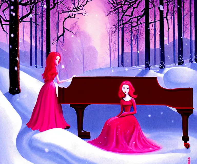 Prompt: a painting of a beautiful face gothic girl, pink hair in a stunning red dress playing a piano in the dark snowy forestby randolph stanley hewton, cg society contest winner, matte painting