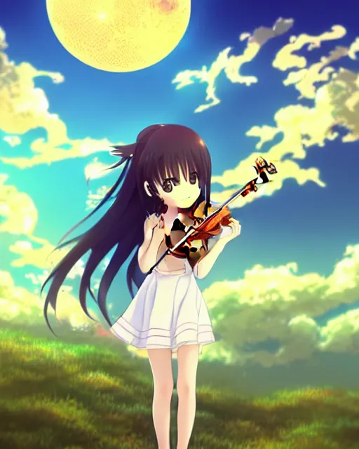 Image similar to anime style, chibi, full body, a cute girl with white skin and golden long wavy hair holding a violin and playing a song, heavenly, stunning, filters applied, lunar time, trending art, sharp focus, centered, landscape shot, happy, fleeting dream, simple background, studio ghibly makoto shinkai yuji yamaguchi, by wlop