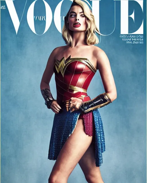 Prompt: margot robbie as wonderwoman, vogue cover photo