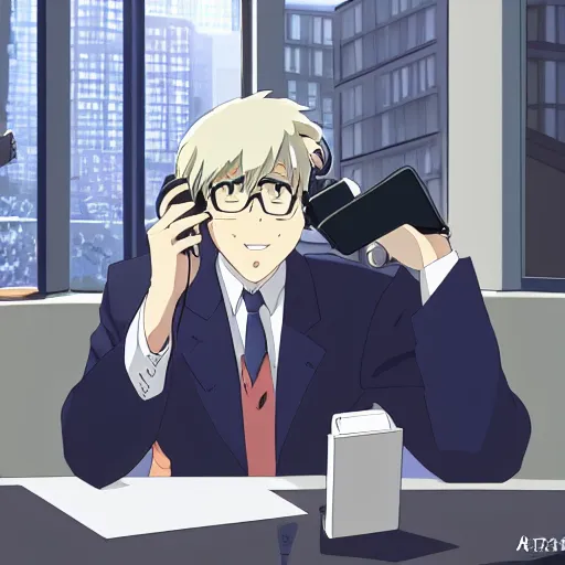 Prompt: anime of wall street broker sitting in his office laughing on the phone with skyview in background, studio ghibli, makoto shinkai, trending on artstation, 2 d hd, 8 k