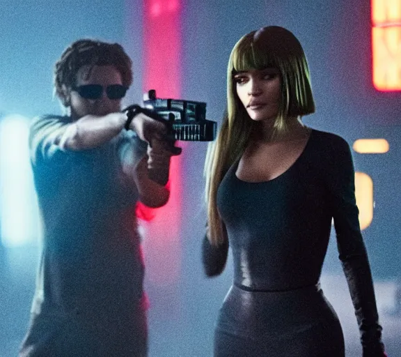 Prompt: a movie still of kylie jenner as joi aiming a gun at ryan gosling in the movie blade runner 2 0 4 9