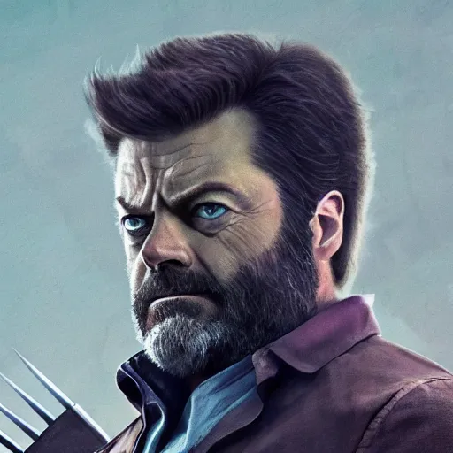 Prompt: logan wolverine pictured as nick offerman in x - men suit, imdb, marvel movie still, detailed 8 k, poster style, deviantart and artstation top picks