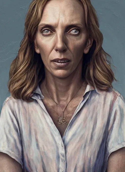 Image similar to portrait of Toni Collette in Hereditary (2018), highly detailed, centered, solid color background, digital painting, artstation, concept art, smooth, sharp focus, illustration, Jason Edmiston, donato giancola, Joseph Christian Leyendecker, Les Edwards, Ed Repka, WLOP, Artgerm