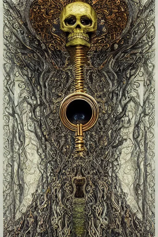 Image similar to The Skeleton Key by Karol Bak, Jean Deville, Gustav Klimt, and Vincent Van Gogh, mystic eye, otherworldly, ornate elaborate baroque skeleton key, keyhole, key wreathed in white flames, lightning, fractal structures, arcane, inferno, inscribed runes, infernal relics, ornate gilded medieval icon, third eye, spirals