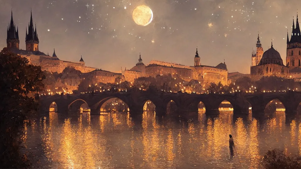 Image similar to a beautiful painting of a view from the river of a arabian prague cathedral palaces, at night with a sky full of stars, intricate, elegant, highly detailed, digital painting, artstation, concept art, by krenz cushart and artem demura and john williams waterhouse