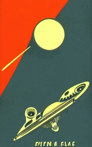 Image similar to poster of a spaceship flying through the galaxy with a planet visible above, thin border, 1950s art deco, retrofuturism, edward hopper,