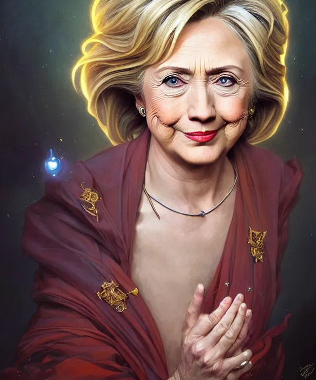 Image similar to Hillary Clinton as a fantasy magic woman portrait, sci-fi, amber eyes, face, long hair, fantasy, intricate, elegant, highly detailed, digital painting, artstation, concept art, smooth, sharp focus, illustration, art by artgerm and greg rutkowski and alphonse mucha