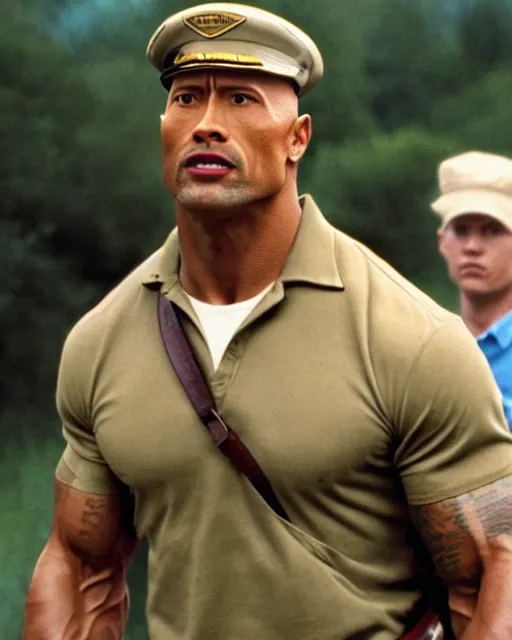 Image similar to film still close up shot of dwayne johnson as forrest gump. photographic, photography