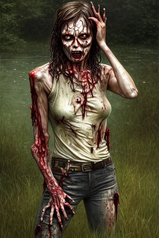 Image similar to full body portrait of walking dead zombie, standing in a pond, soaking wet hair, by terry o'neill intricate, elegant, highly detailed, digital painting, glistening skin, artstation, concept art, smooth, sharp focus, bright lighting, illustration, art by artgerm and greg rutkowski and alphonse mucha, 8 k