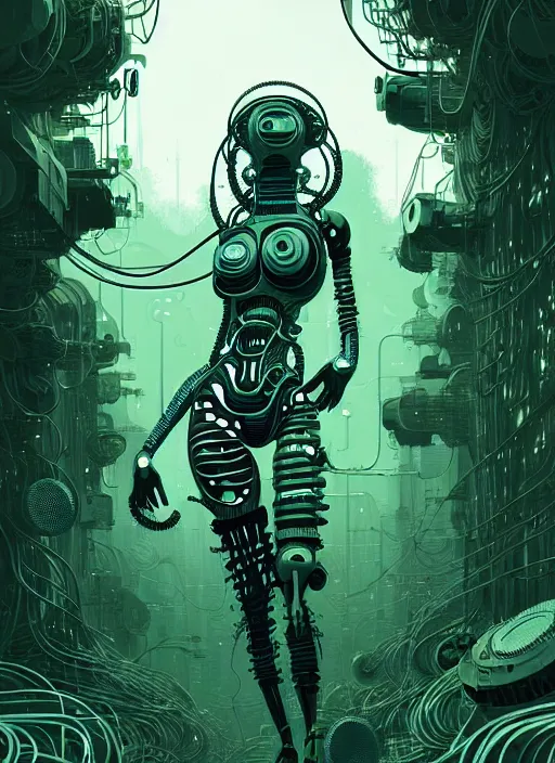 Image similar to highly detailed portrait of a biopunk cyborg long curly white hair tribal lady, stray wiring by atey ghailan, james gilleard, by joe fenton, by greg rutkowski, by greg tocchini, by kaethe butcher, 4 k resolution, gradient green, black and white color scheme!!! ( ( forested robotic dense jungle background ) )