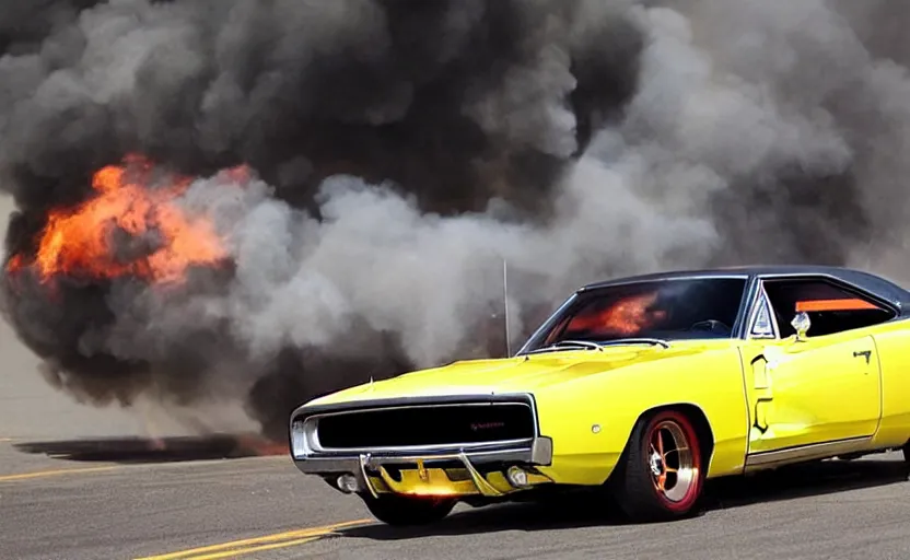 Prompt: a 1 9 6 8 dodge charger r / t drifting, fire explosion in the background