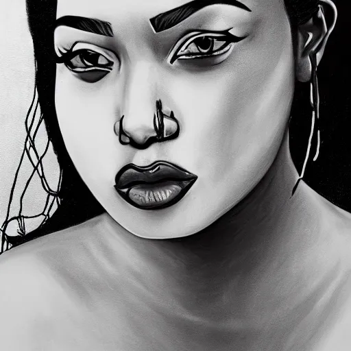 Prompt: god as a woman, black and white painting except her eyes are brown, award winning, beautiful esthetics