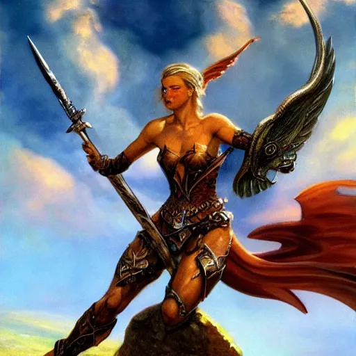 Prompt: a valkyrie swinging a greatsword atop a pile of bones painted by boris vallejo, epic fantasy, soft details, illustration, album cover, HD, trending on artstation, intricate