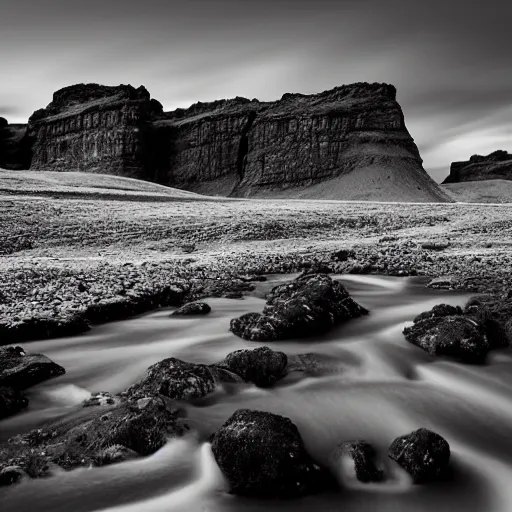 Prompt: minimalist black and white photograph of an icelandic valley, time exposure, of a river, sharp tall pillars, sharp rocks,