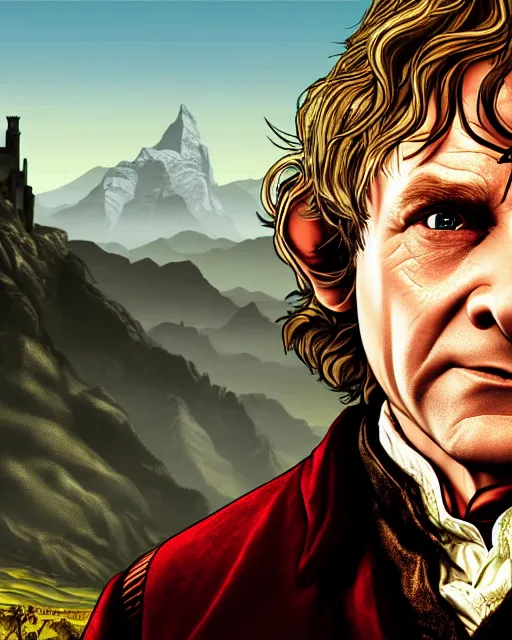 Image similar to Bilbo Baggins from Lord of the rings in GTA V loading screen, GTA V Cover art by Stephen Bliss, boxart, loading screen,