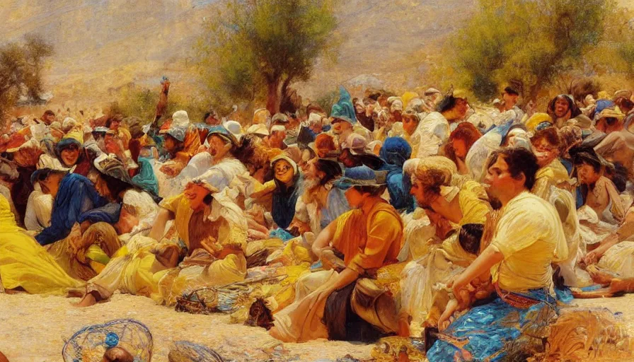 Image similar to detailed digital painting of a crowd of happy jews in the desert harvesting white manna, yellow orange and blue color scheme, painting by gaston bussiere, j. c. leyendecker 8 k