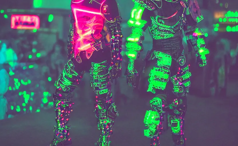 Prompt: neon lit cyberpunk warrior in full body armor