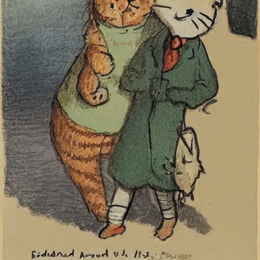 Prompt: Edward Ardizzone illustration of a cute cat