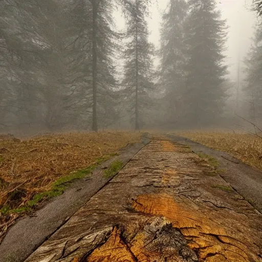 Prompt: a stretching road through a dead forest leading to a stone tower, realistic, gloomy, foggy, high detail