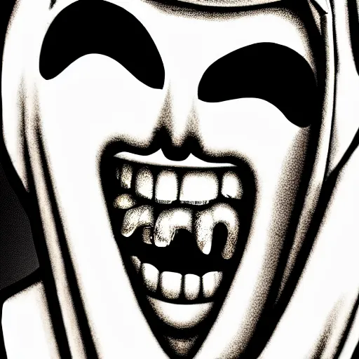 Image similar to A hunched figure wearing white robes with a smiling Greek theater mask, white robes, smiling mask, theater mask, greek mask, ancient greece, creepy smile, hunched figure, manga art, manga, Junji Ito, Junji Ito artwork, Ito Junji art, 4k