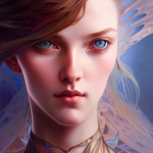 Image similar to Portrait of astonishingly beautiful girl, blue eyes, face, fantasy, intricate, elegant, highly detailed, digital painting, artstation, concept art, smooth, sharp focus, illustration, art by artgerm and greg rutkowski and alphonse mucha