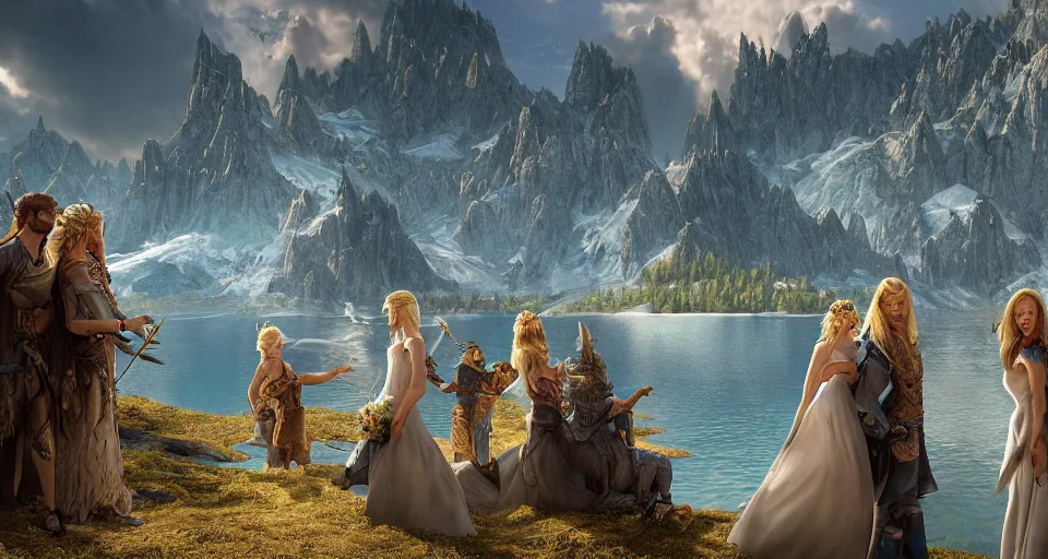 Prompt: An epic fantasy style landscape painting of a Mountainrange and a lake, with A family consisting of a blond man with a beard, a blond wife and two blond boys celebrating their wedding, unreal 5, DAZ, hyperrealistic, octane render, dynamic lighting