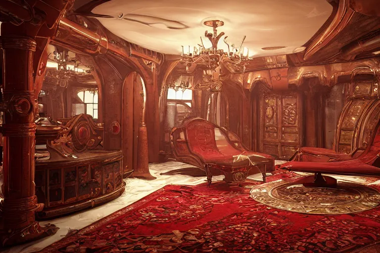 Image similar to red baroque steampunk spaceship interior, viewport, commander's deck made of bone, rendered in unreal engine 5, cryengine, arnold and zbrush, epic lighting. persian rug, pipes, luxury furniture