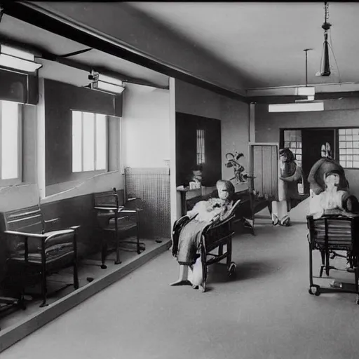 Image similar to an image of a civic hospital clinic, in a medium full shot, russian and japanese mix, high - key lighting, warm lighting, overcast flat midday sunlight, a vintage historical fantasy 1 9 1 5 photo from life magazine, professional cooperate, the new york times photojournalism.