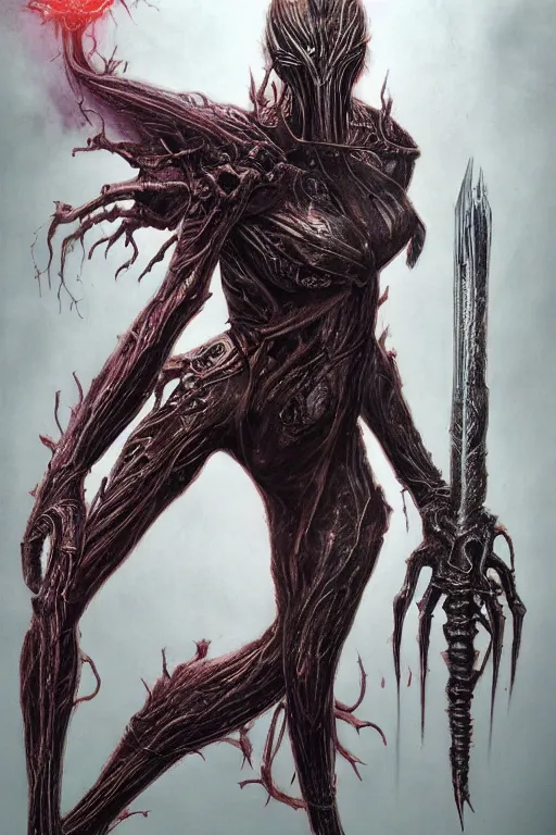 Prompt: portrait of samus metroid by hr giger and wayne barlowe as a diablo, dark souls, bloodborne monster, veiled necromancer lich bride