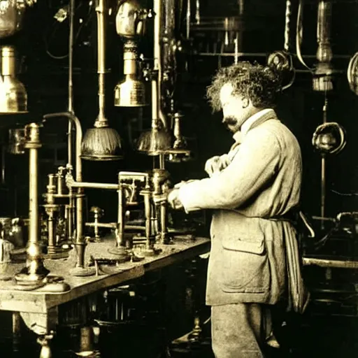 Prompt: august strindberg examines gold making equipment in dusty victorian era laboratory, alchemy equipment in background, 1890 photo, lumiere, realistic, depth of field