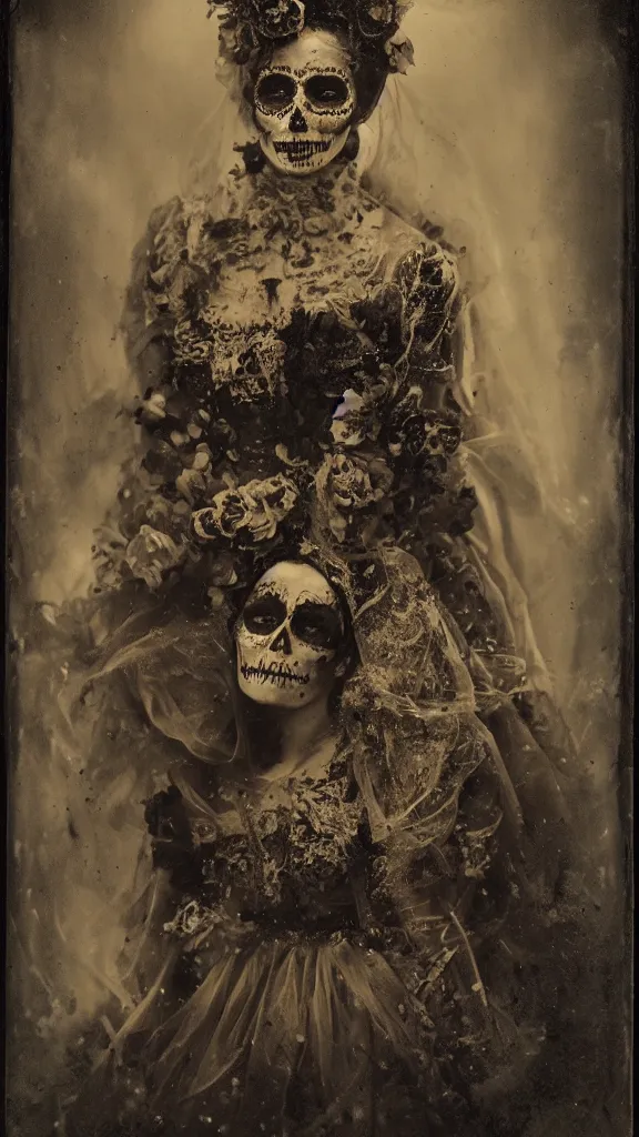 Image similar to tintype full body view, young woman in veiled dia de muertos dress and make up, horrific beautiful vibe, evocative, atmospheric lighting, painted, intricate, highly detailed,