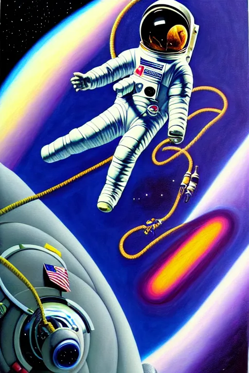 Image similar to a hyperrealistic painting of an astronaut being pulled into the vacuum of space. cinematic horror by jimmy alonzo, the art of skinner, chris cunningham, lisa frank, richard corben, highly detailed, vivid color,