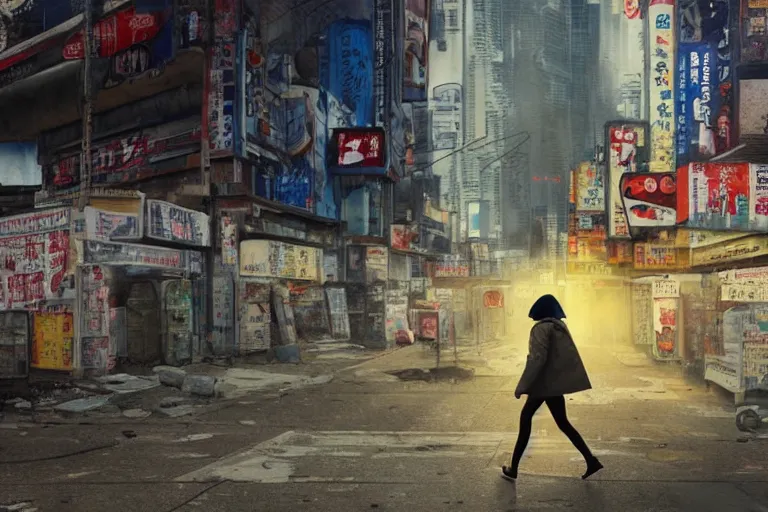 Image similar to incredible wide screenshot, ultrawide, simple watercolor, rough paper texture, ghost in the shell movie scene, backlit distant shot of girl in a parka running from a giant robot invasion side view, yellow parasol in deserted dusty shinjuku junk town, broken vending machines, bold graphic graffiti, old pawn shop, bright sun bleached ground, mud, fog, dust, windy, scary robot monster lurks in the background, ghost mask, teeth, animatronic, black smoke, pale beige sky, junk tv, texture, brown mud, dust, tangled overhead wires, telephone pole, dusty, dry, pencil marks, genius party,shinjuku, koji morimoto, katsuya terada, masamune shirow, tatsuyuki tanaka hd, 4k, remaster, dynamic camera angle, deep 3 point perspective, fish eye, dynamic scene