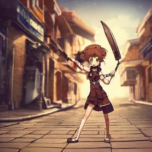 Image similar to anime girl marching on a pavement road with a flag and steampunk weapons and armor, finely detailed, beautiful, serious, cinematic lighting, golden hour, buildings, long brown hair, brown eyes, reflective, sharp focus, anime,