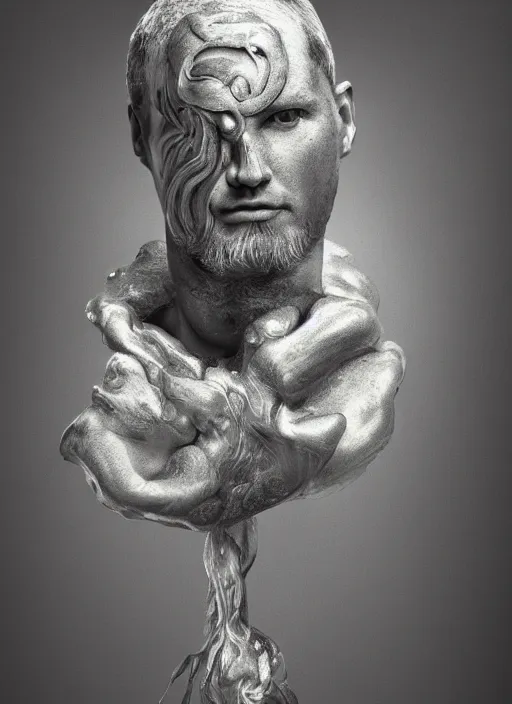 Image similar to portrait of the greek god janus, hyper realistic, silver, cinematic lighting, studio portrait against a black background, modern fine art, fractal, intricate, elegant, highly detailed, digital photography, subsurface scattering, in the style of ghost, by jheronimus bosch and yue minjun and giger and greg rutkowski,