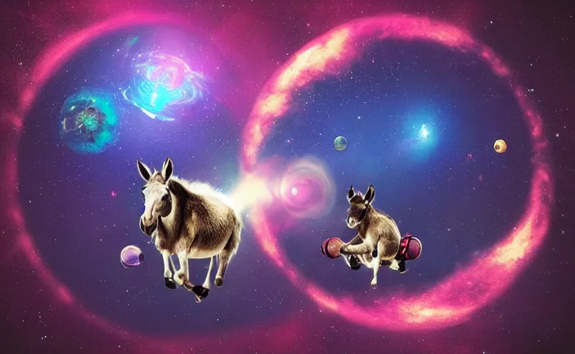 Prompt: “a donkey floating in space playing the bongos, surrounded by planets , nebula , realistic, 4K, sci fi, futuristic vaporwave, retro, volumetric lighting, depth of field, ”