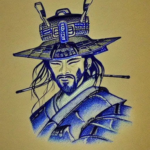 Prompt: beautiful samurai made with blue african ball point pen