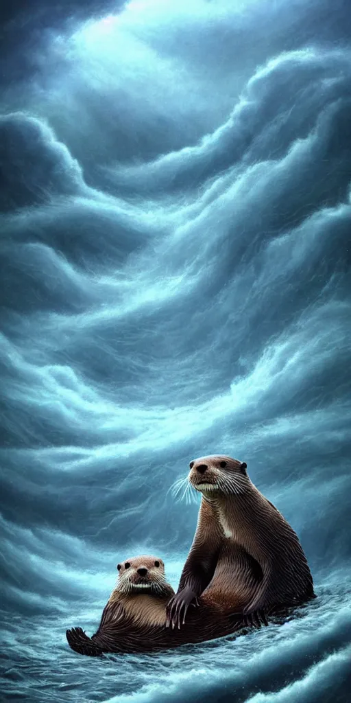 Image similar to An adorable Otter saving his wife from the whirlpool, in love holding hands side by side, in the middle of a super scary storm at sea, thunder, lightning, waves, fantasy illustration, cinematic, award winning, romantic, detailed trending on artstation, masterpiece