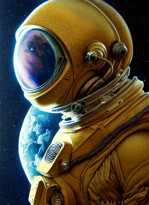 Image similar to extremely detailed, astronaut lush planet, full body, soft light, golden glow, diffuse lighting, fantasy, intricate, surrealism!!!!, highly detailed, lifelike, photorealistic, digital painting, artstation, illustration, concept art, smooth, sharp focus, by greg rutkowski, chris tulloch mccabe, valentina remenar and asher duran,