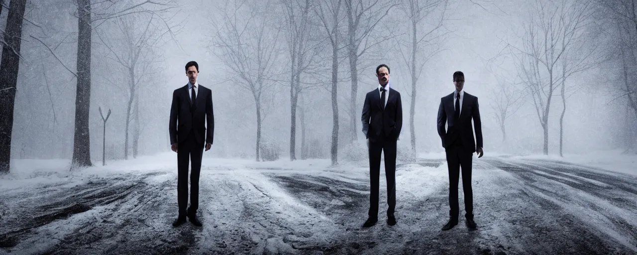 Image similar to Wendigo wearing suit and tie standing in the middle of a snowy street at night, horror, horror photography, cinematic, cinematic lighting, volumetric lighting, atmospheric, octane render, unreal engine, HD, phot, realistic, photo realistic, hyper realistic, hyper realism, photo by Gregory Crewdson, film by Gregory Crewdson,