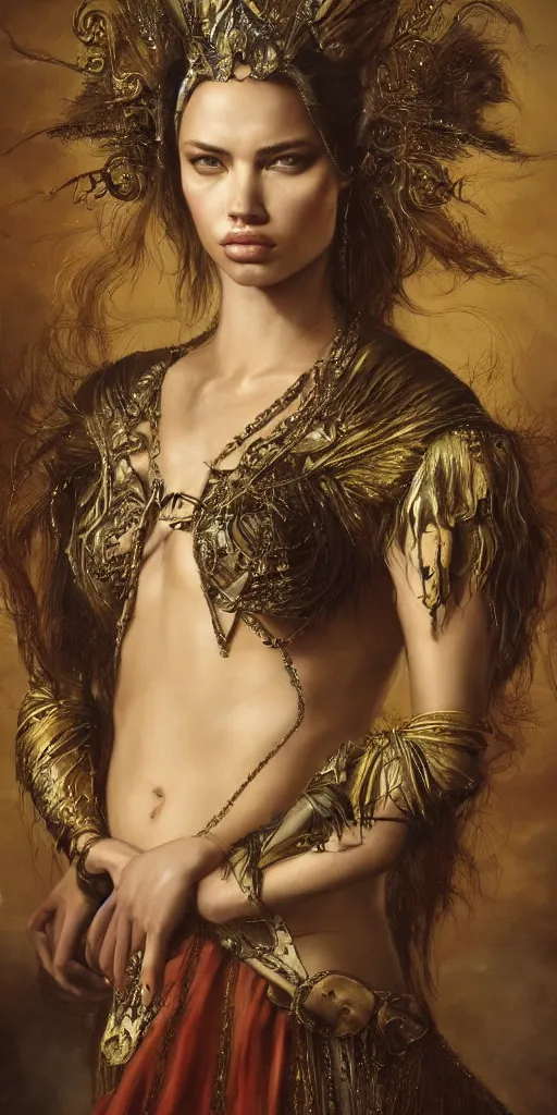 Image similar to the portrait of adriana lima as queen in intricate dress by roberto ferri, fantasy, witcher, very detailed oil painting, masterpiece, 8 k